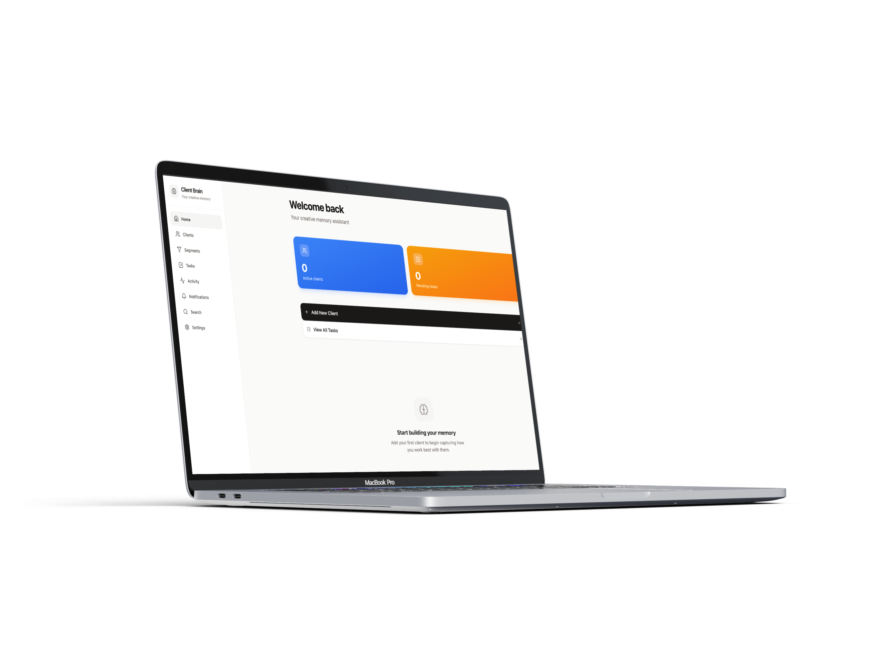 Client Brain workspace displayed on MacBook Pro